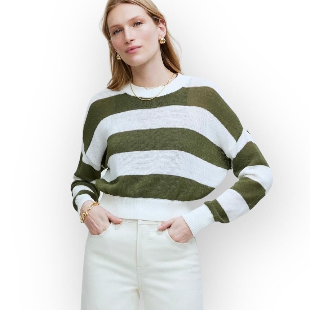 J.Crew Loose-Knit Crewneck Sweater Women's Small Off White Green Long Sleeve NWT